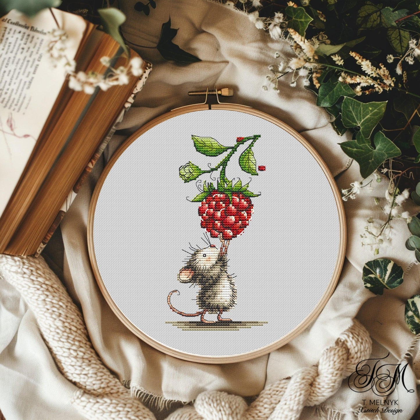 Mouse with Raspberry Cross Stitch Pattern Berry Lover Mouse Cross Stitch (PDF) Adorable Berry Lover Design