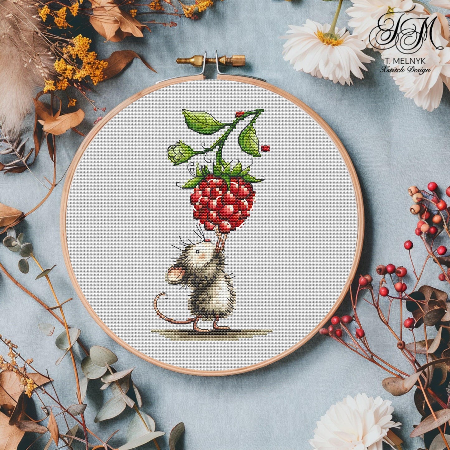 Mouse with Raspberry Cross Stitch Pattern Berry Lover Mouse Cross Stitch (PDF) Adorable Berry Lover Design