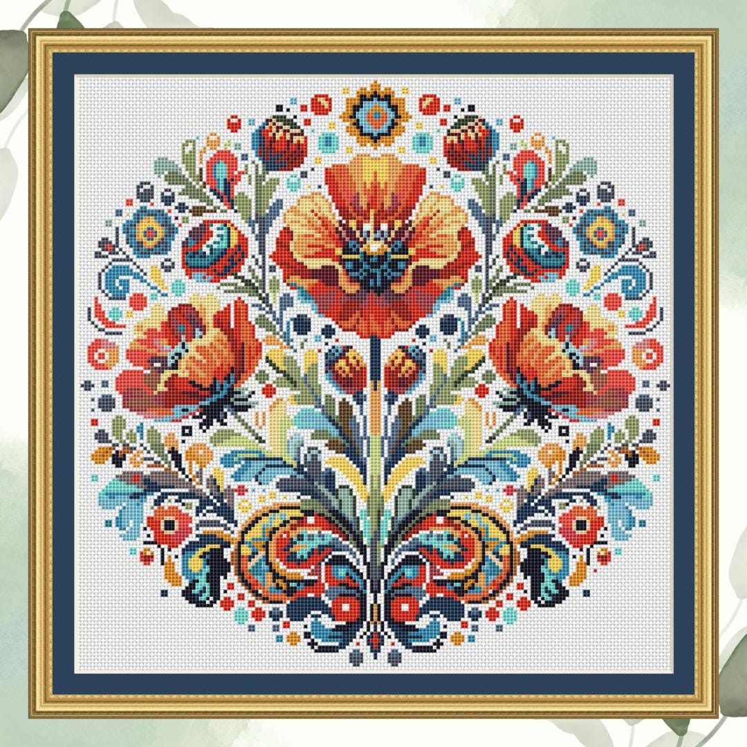 Ornate Poppy Bloom, cross stitch pattern, Flowers, Spring, modern cross stitch, PDF, instant download, FLR54