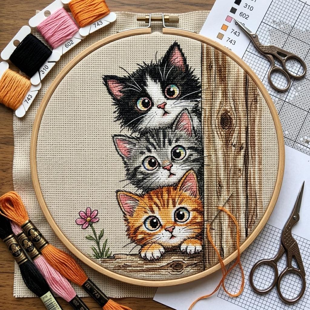 Peekaboo Cats Cross Stitch Pattern – Whimsical Feline Embroidery Chart (PDF Download)