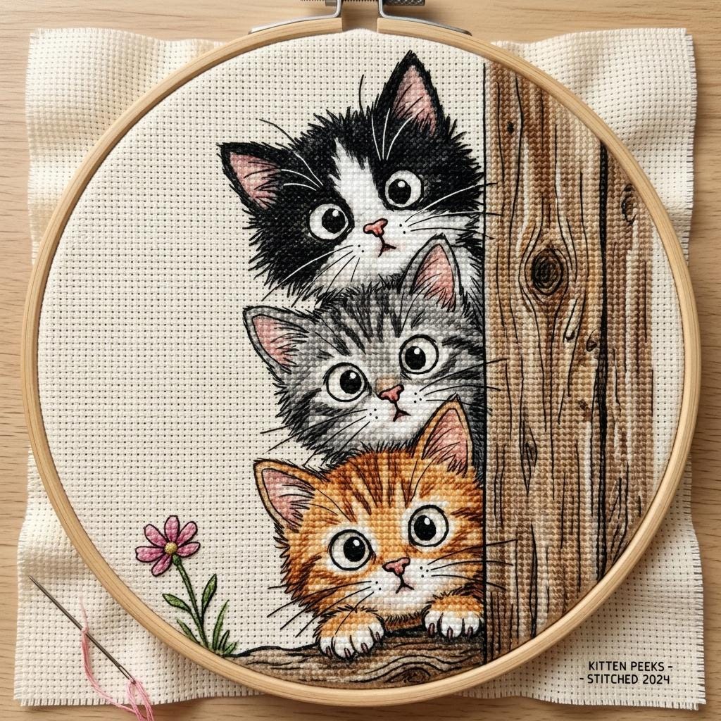 Peekaboo Cats Cross Stitch Pattern – Whimsical Feline Embroidery Chart (PDF Download)