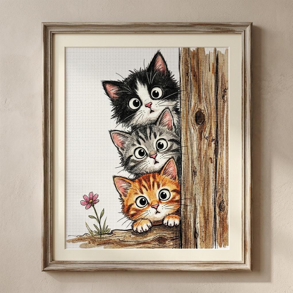 Peekaboo Cats Cross Stitch Pattern – Whimsical Feline Embroidery Chart (PDF Download)