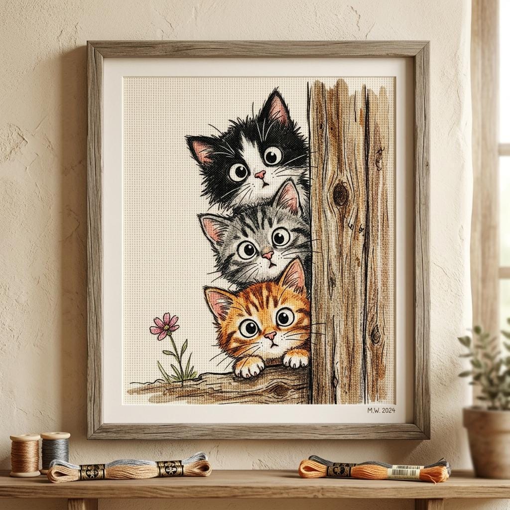 Peekaboo Cats Cross Stitch Pattern – Whimsical Feline Embroidery Chart (PDF Download)