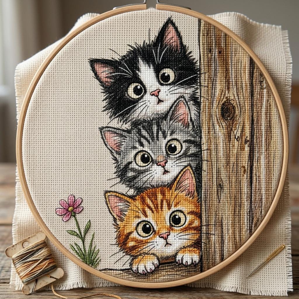 Peekaboo Cats Cross Stitch Pattern – Whimsical Feline Embroidery Chart (PDF Download)