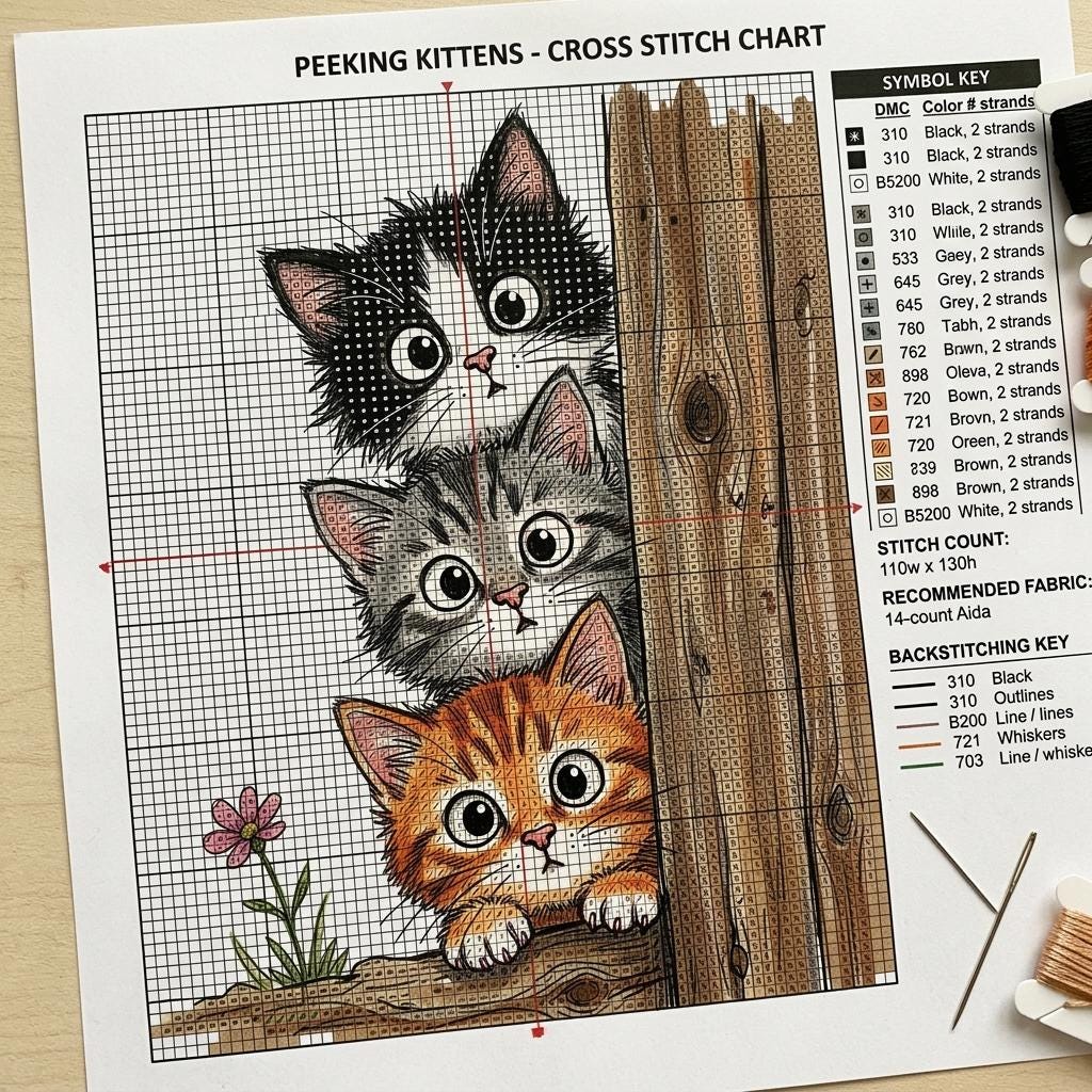 Peekaboo Cats Cross Stitch Pattern – Whimsical Feline Embroidery Chart (PDF Download)