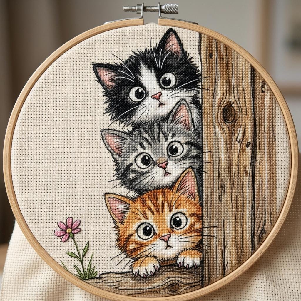 Peekaboo Cats Cross Stitch Pattern – Whimsical Feline Embroidery Chart (PDF Download)