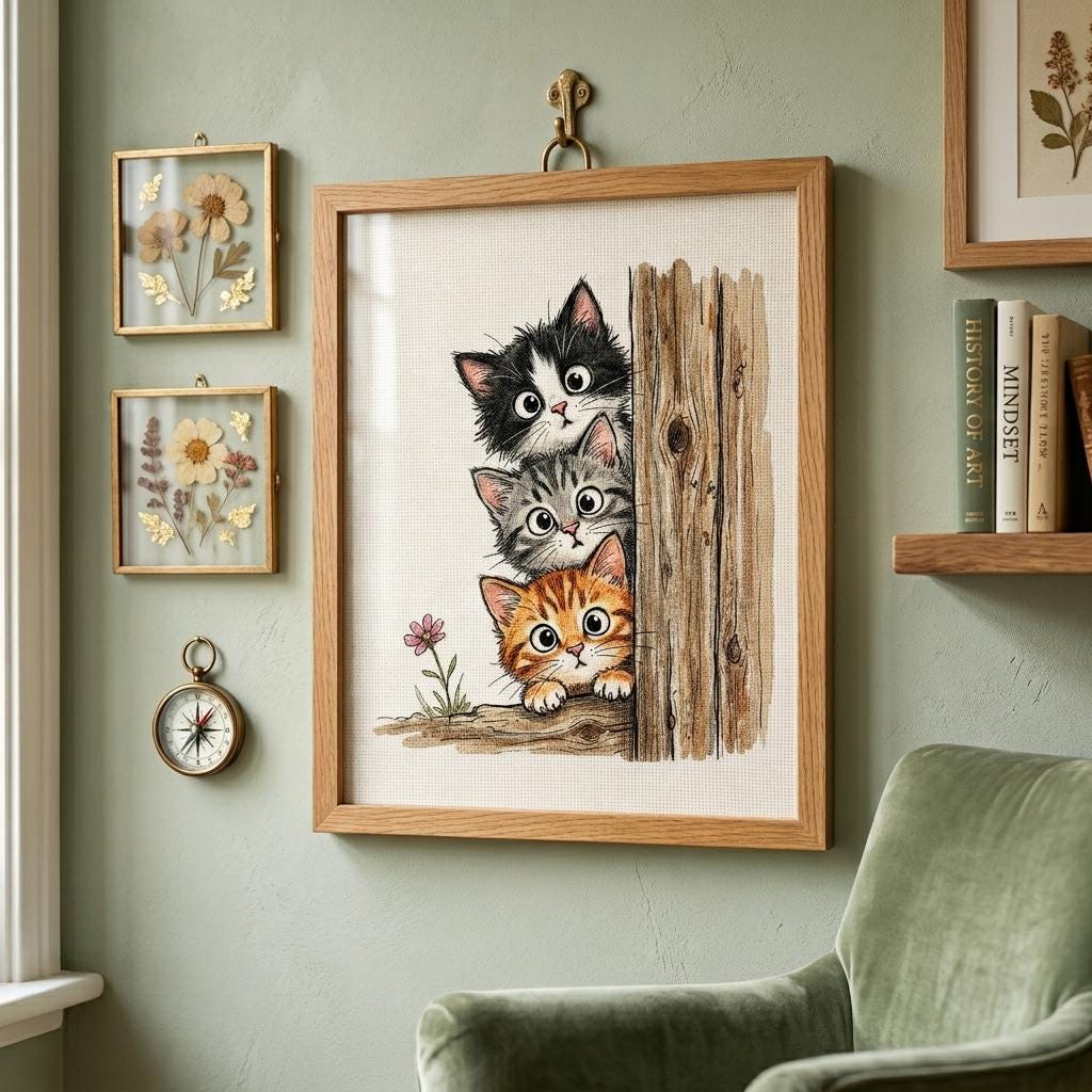 Peekaboo Cats Cross Stitch Pattern – Whimsical Feline Embroidery Chart (PDF Download)