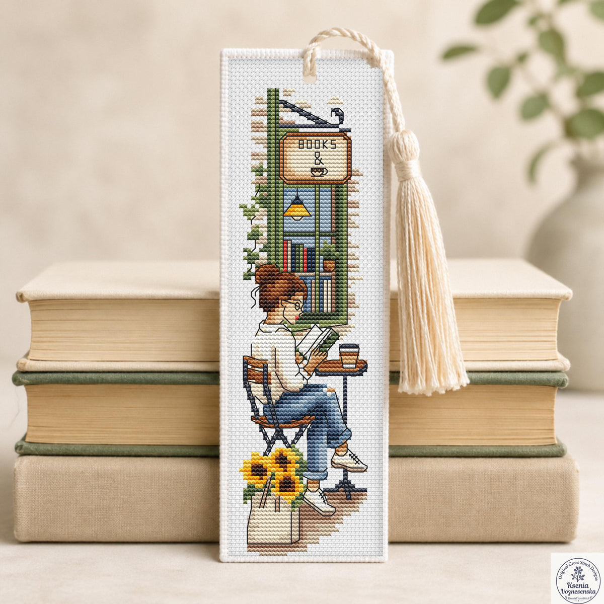 Reading Girl Café Bookshop Cross Stitch Bookmark PDF Instant Download