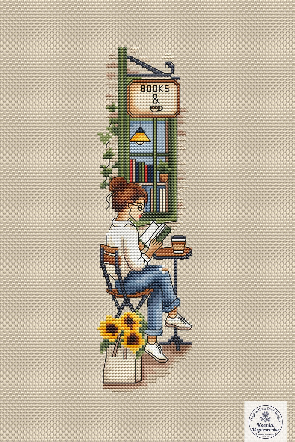 Reading Girl Café Bookshop Cross Stitch Bookmark PDF Instant Download
