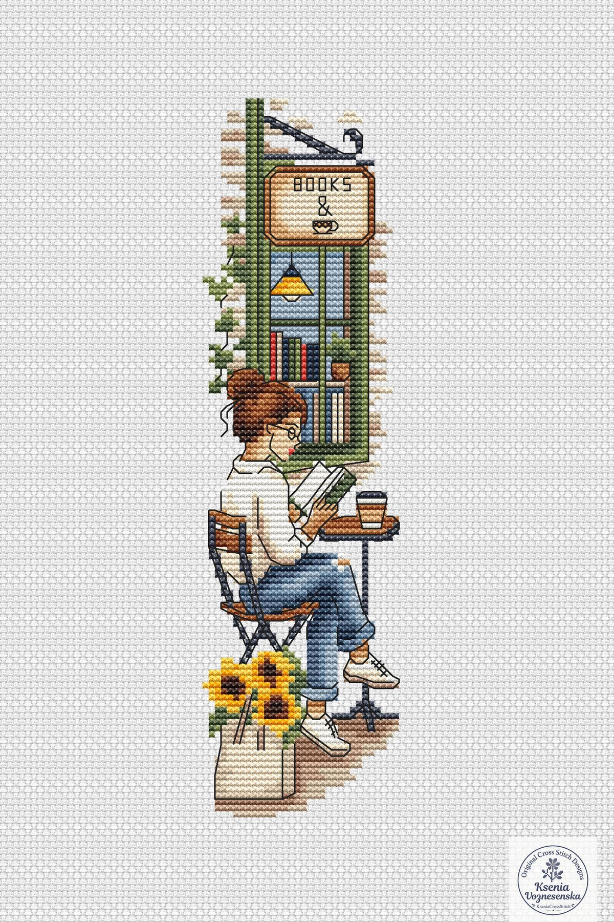 Reading Girl Café Bookshop Cross Stitch Bookmark PDF Instant Download