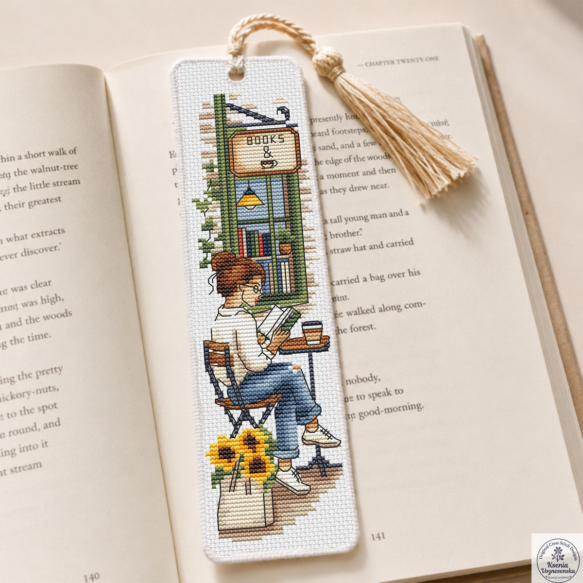 Reading Girl Café Bookshop Cross Stitch Bookmark PDF Instant Download