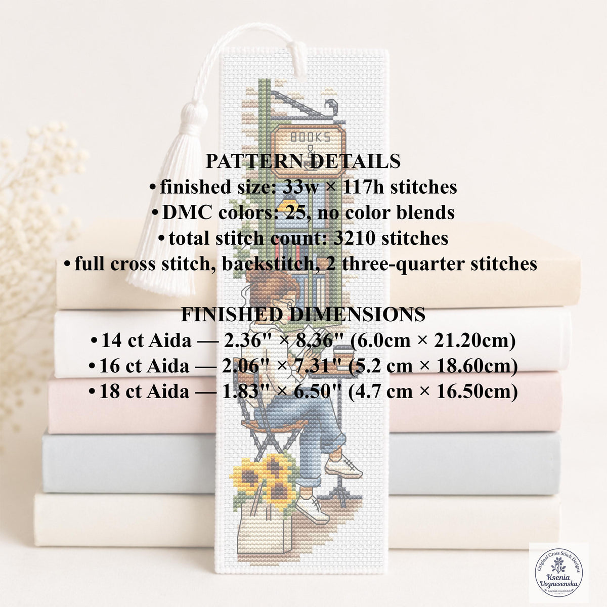 Reading Girl Café Bookshop Cross Stitch Bookmark PDF Instant Download