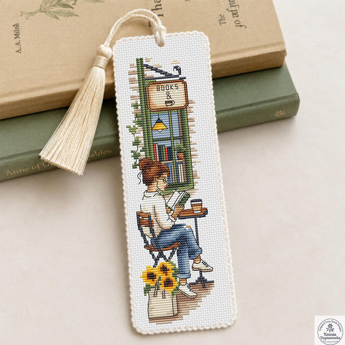 Reading Girl Café Bookshop Cross Stitch Bookmark PDF Instant Download