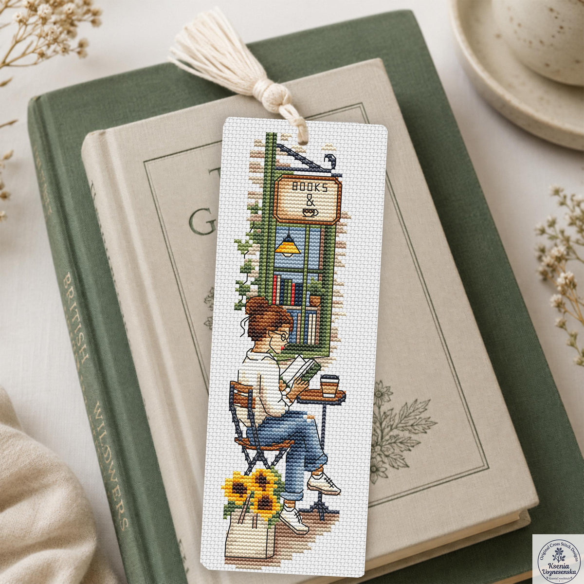 Reading Girl Café Bookshop Cross Stitch Bookmark PDF Instant Download