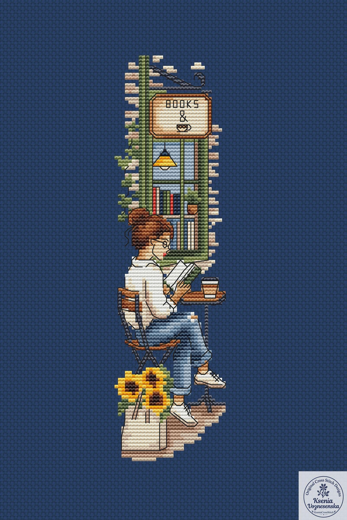 Reading Girl Café Bookshop Cross Stitch Bookmark PDF Instant Download