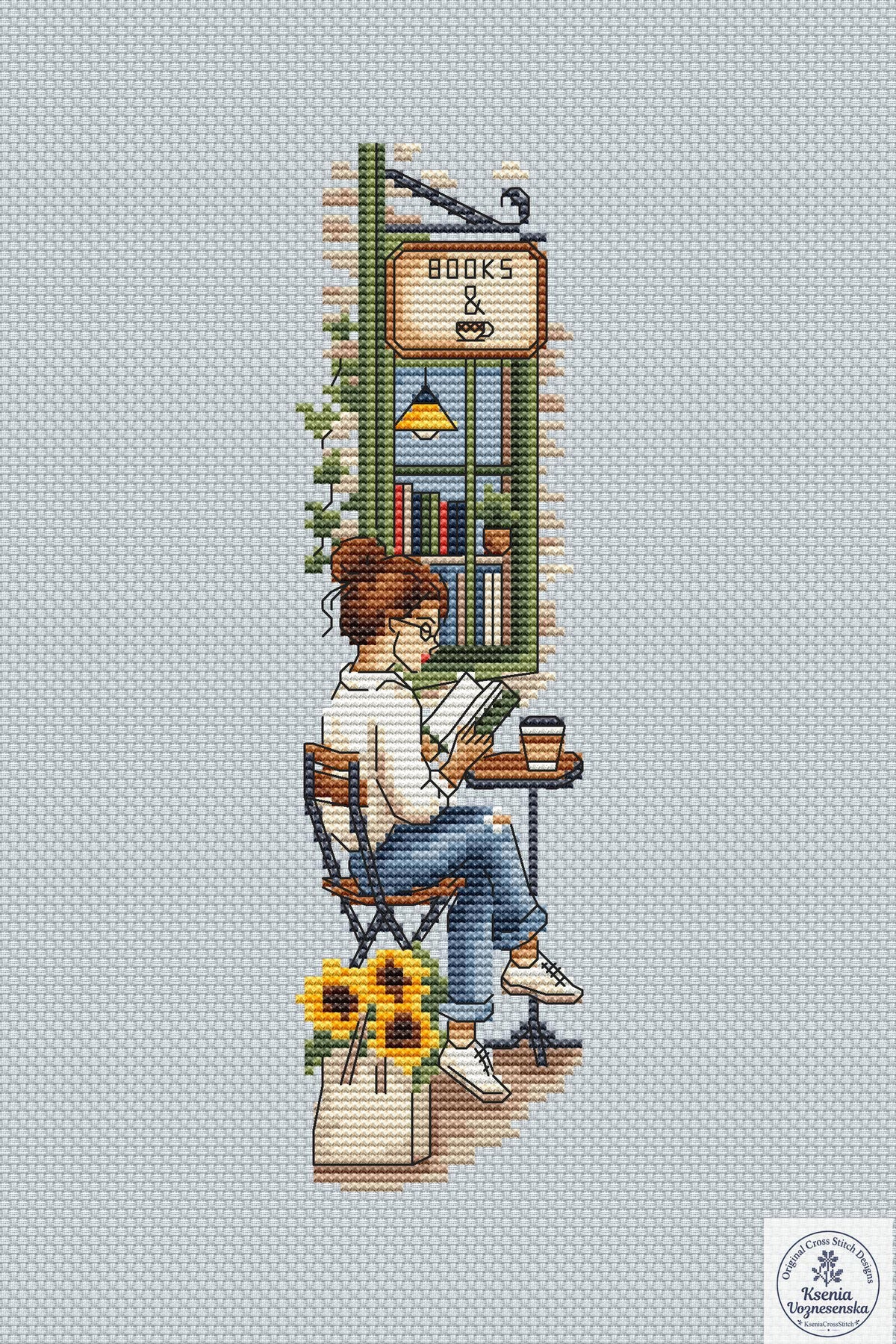 Reading Girl Café Bookshop Cross Stitch Bookmark PDF Instant Download