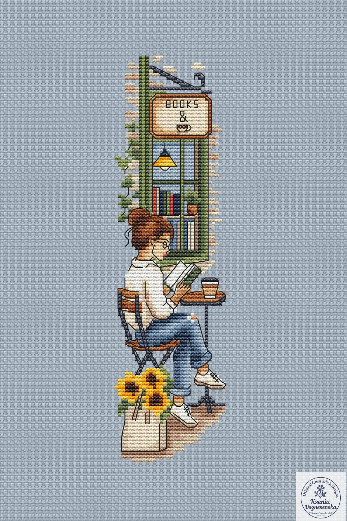 Reading Girl Café Bookshop Cross Stitch Bookmark PDF Instant Download