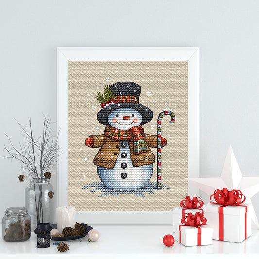 Snowman with Candy Cane Cross Stitch Pattern, Christmas Digital File Hand Embroidery Holiday Decor Winter Instant Download