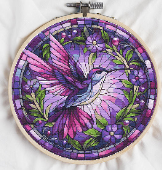Stained Glass Cross Stitch Pattern Bird And Flowers Embroidery Design PDF Digital File, Counted XStitch Chart Hummingbird Cross Stitch Art