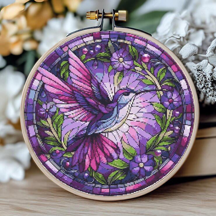 Stained Glass Cross Stitch Pattern Bird And Flowers Embroidery Design PDF Digital File, Counted XStitch Chart Hummingbird Cross Stitch Art