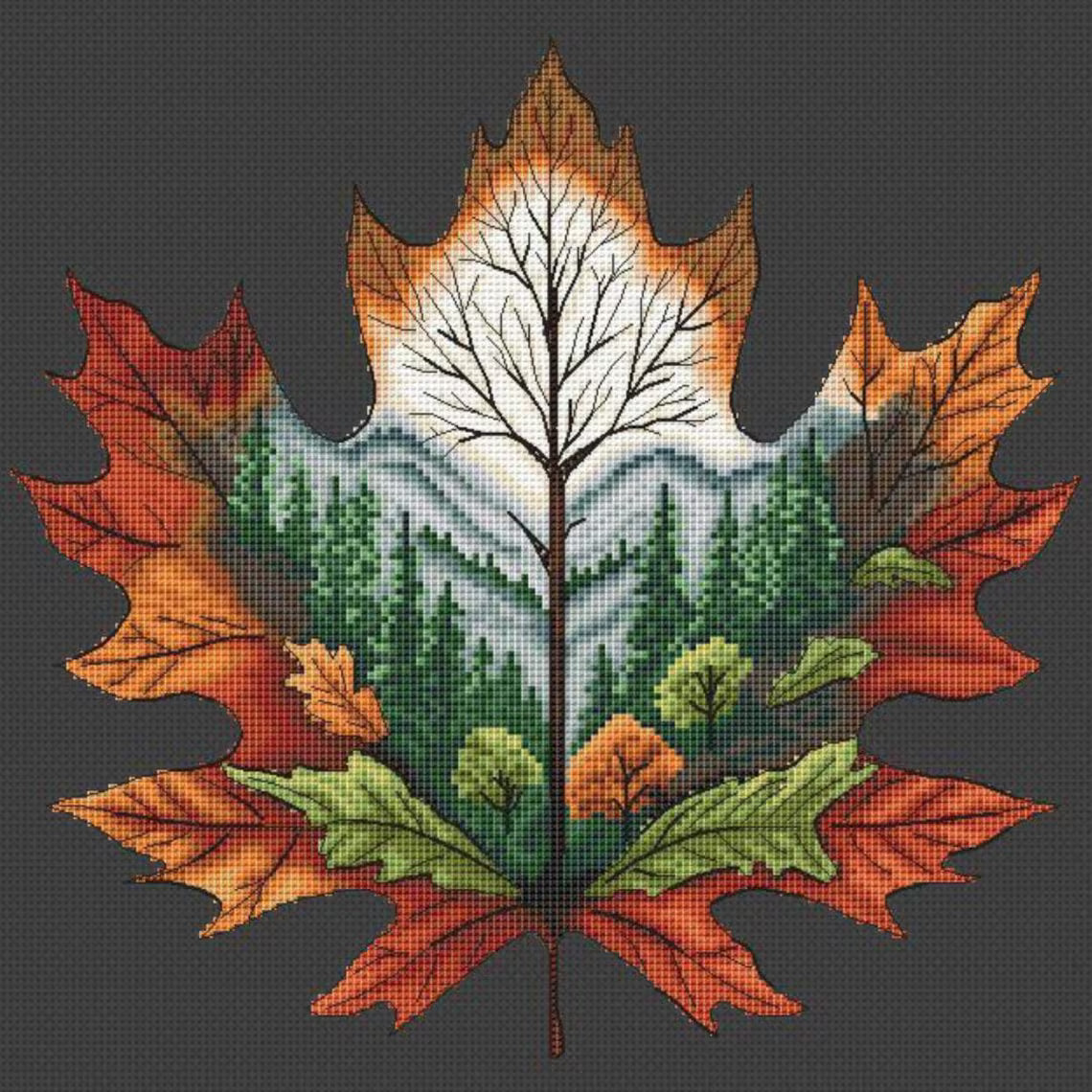 Autumn Leaf Cross Stitch Pattern: Forest Landscape Embroidery (PDF Downloadable Chart)