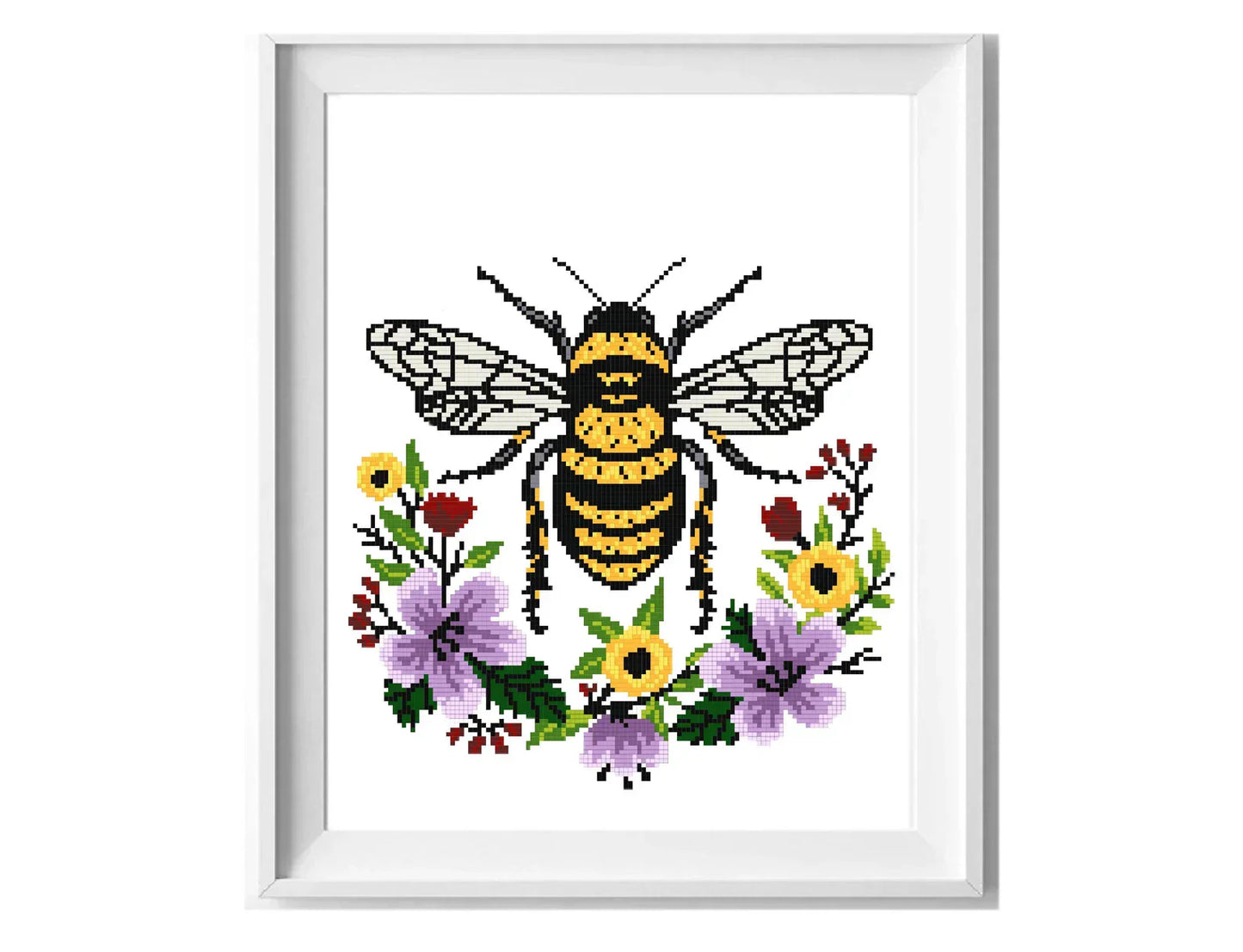 Honey bee Modern Cross Stitch Pattern, flowers wreath, insect counted cross stitch chart, nature, hoop embroidery, Instant download PDF