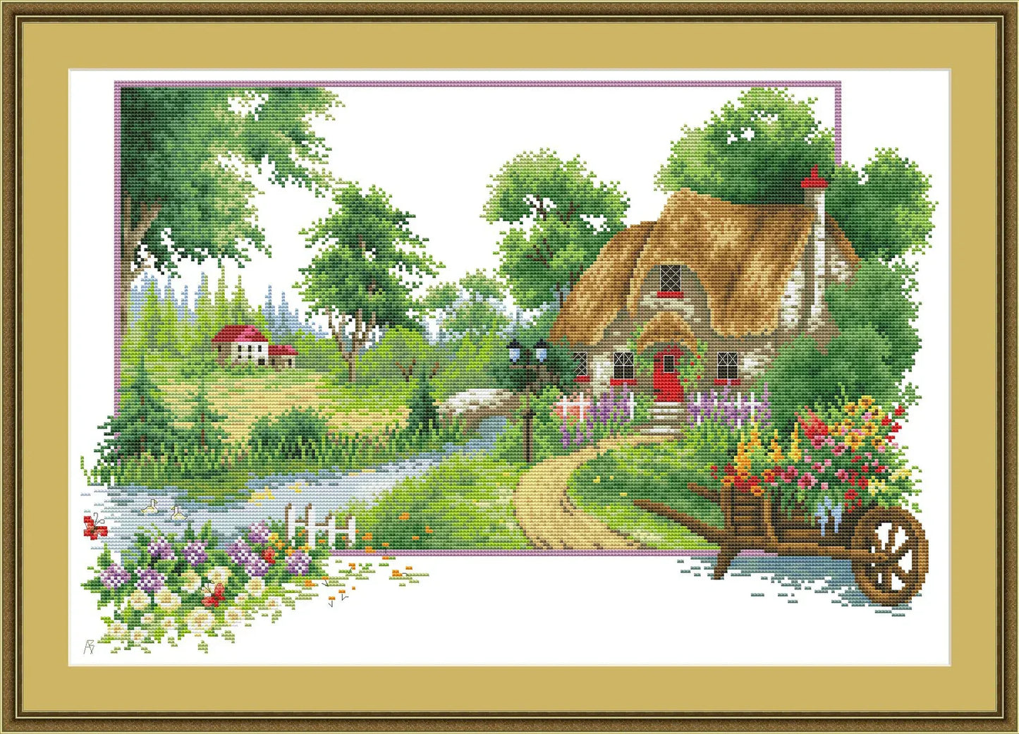 Summer landscape, Counted Cross Stitch Pattern, Village House, Hand Embroidery, Needlepoint Chart, Cottage Pattern PDF, Modern Cross Stitch