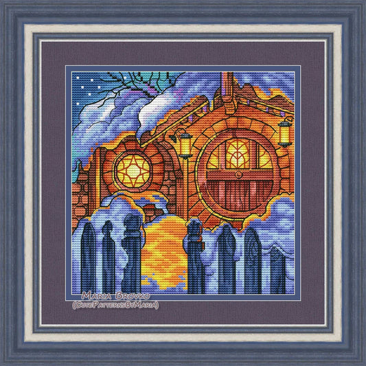 Cross Stitch Pattern "Halfling's house in winter night" DMC Needlepoint Pattern Embroidery Chart Printable PDF Instant Download