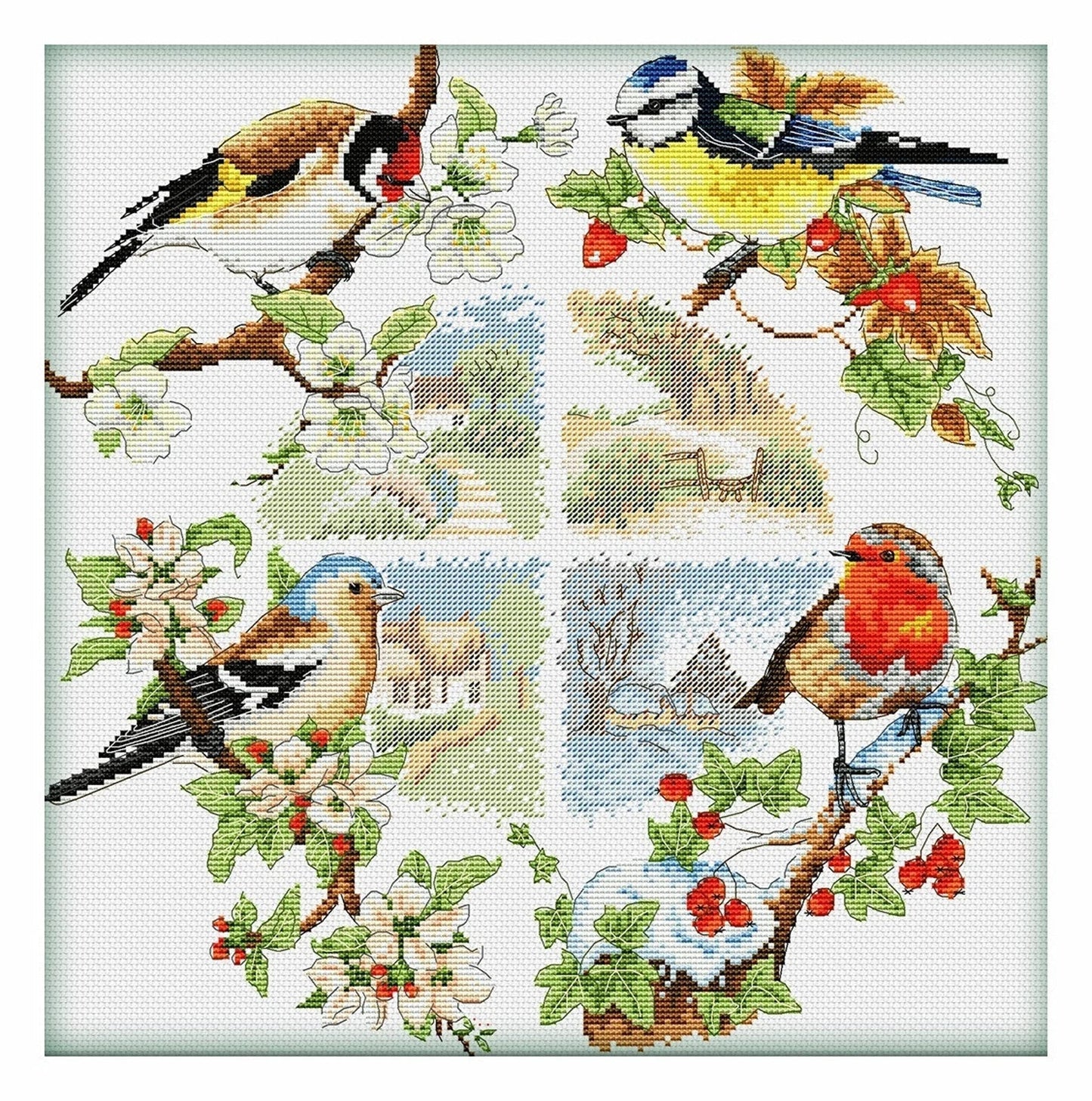 Seasons Cross Stitch Pattern Birds Colorful Art DIY X-stitch Needlepoint Pattern Embroidery Chart Printable Instant Download PDF Design
