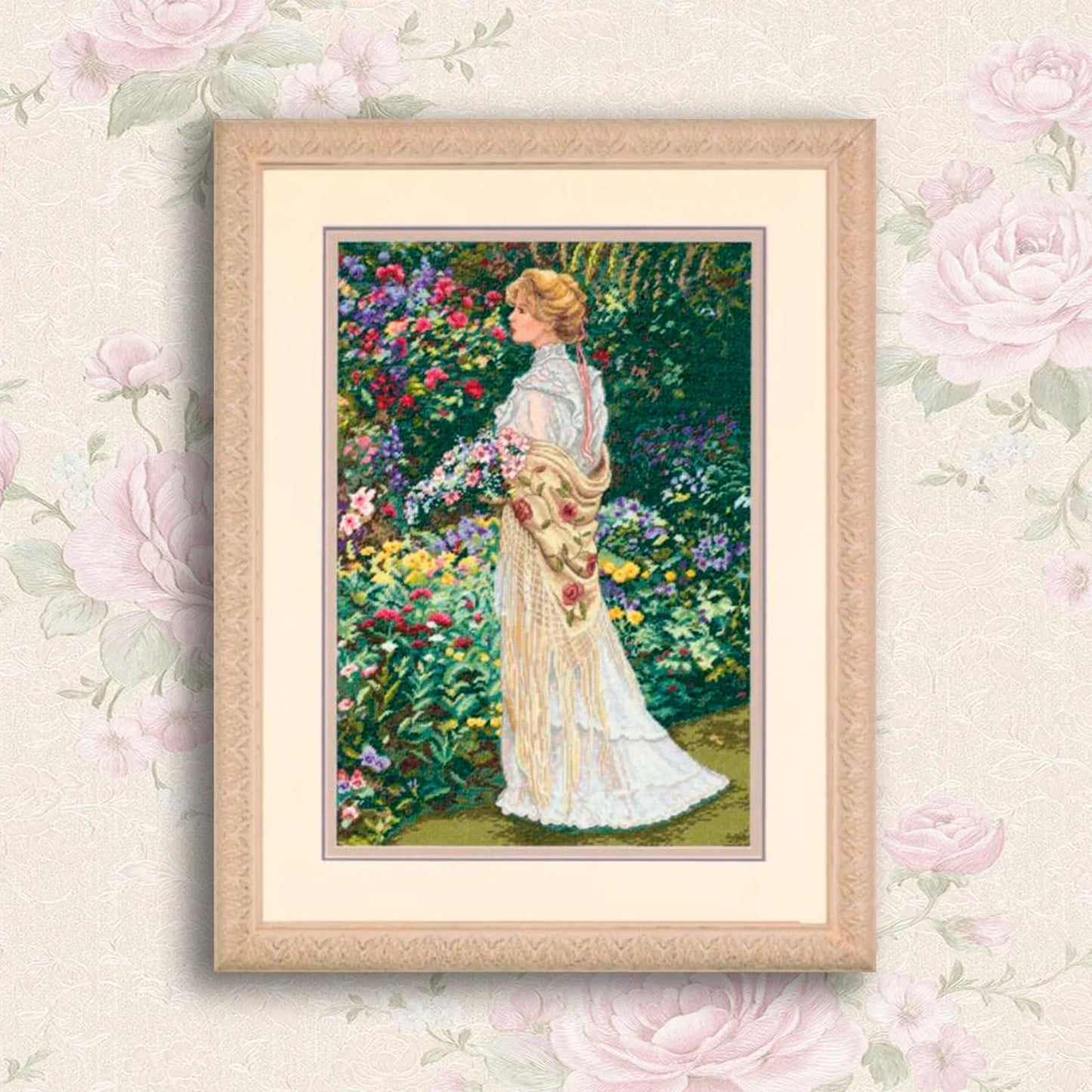 Victorian Lady Cross Stitch Pattern Digital Pattern Modern Wall Decor Flowers Pattern Woman in Garden Hand Embroidery Needlepoint chart PDF