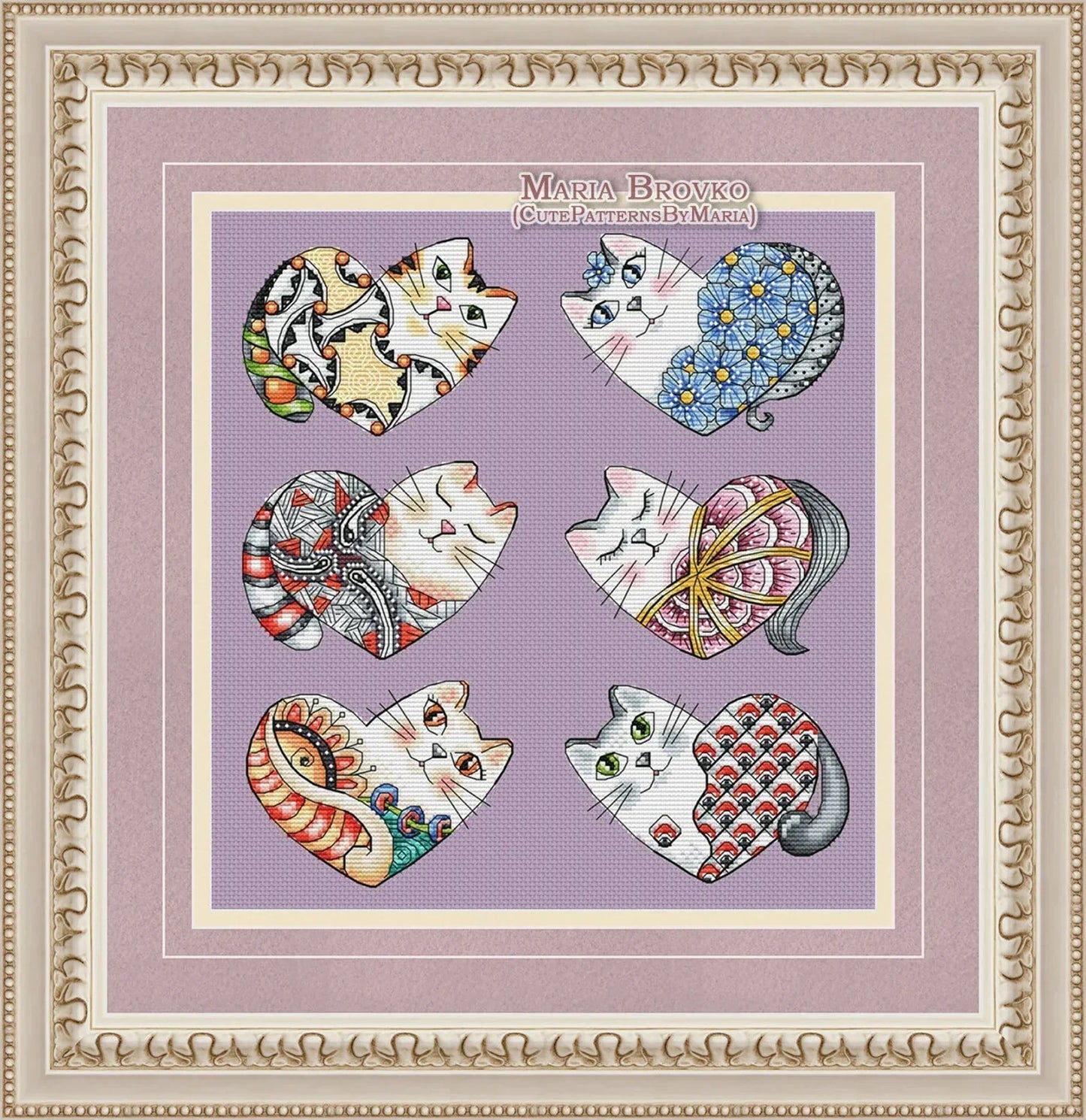 Cross Stitch Pattern Valentine Cats 6-piece Set DMC Chart Embroidery Printable PDF Instant Download