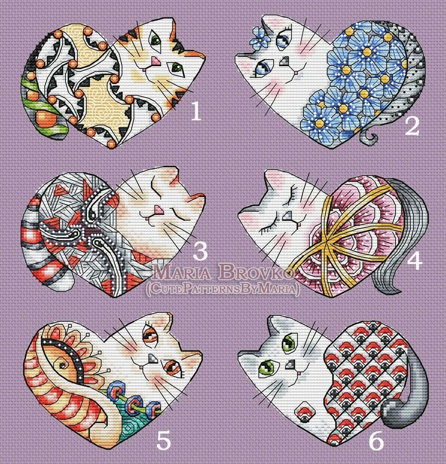 Cross Stitch Pattern Valentine Cats 6-piece Set DMC Chart Embroidery Printable PDF Instant Download