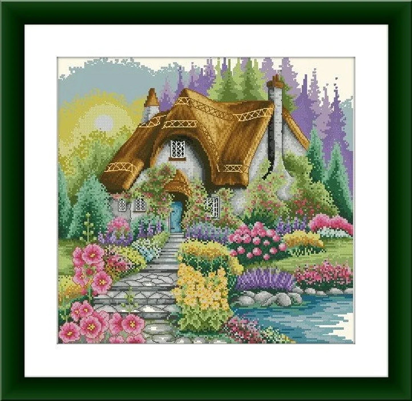 Lakeside cottage Counted cross stitch pattern landscape Digital cross stitch chart xstitch pattern woodland instant download needlepoint
