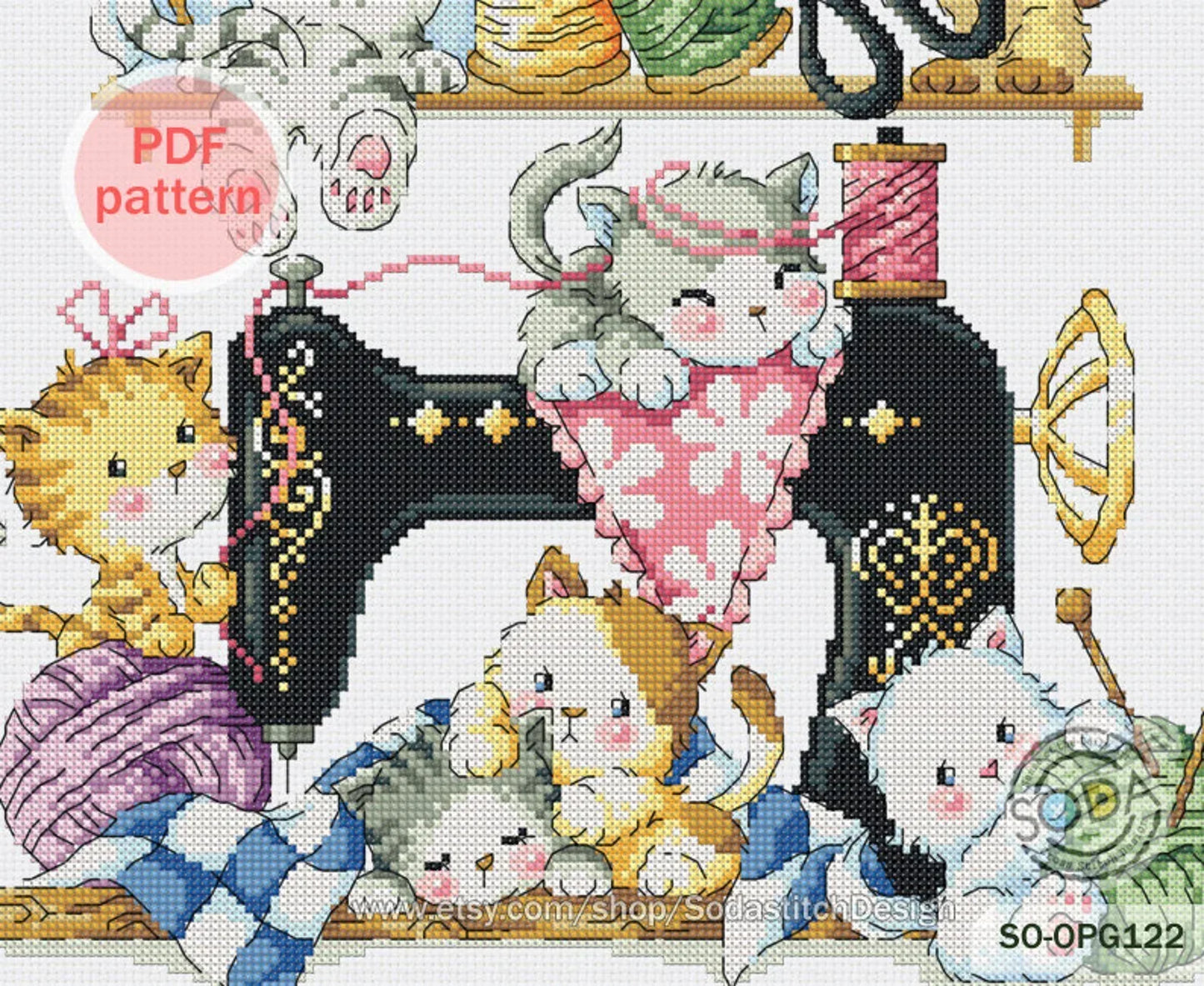 Cross Stitch Pattern pdf Kitten Cat Kitty Cute Animal Modern Instant pdf Download Counted,SO-OPG122 'Sewing Cats'