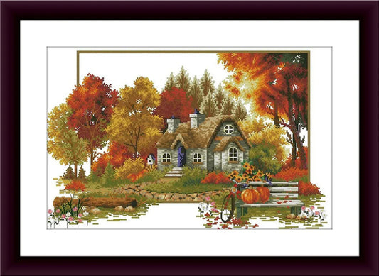 Autumn cottage Counted cross stitch pdf pattern village cottage Digital cross stitch chart fall cross stitch pattern instant download