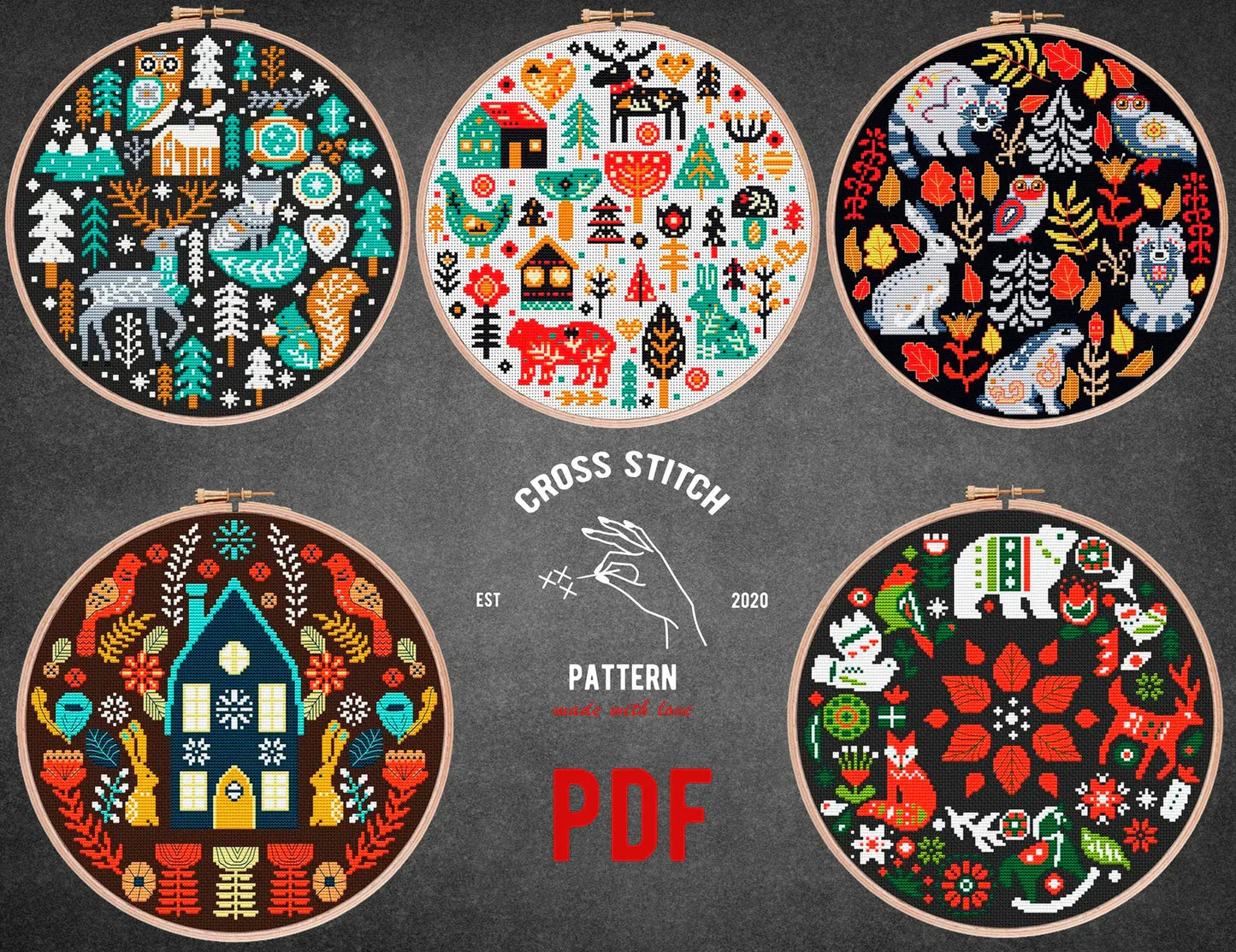 SET OF 5 Scandinavian cross stitch pattern Nordic cross stitch Advent calendar embroidery Christmas ornament Folk theme Holiday home decor