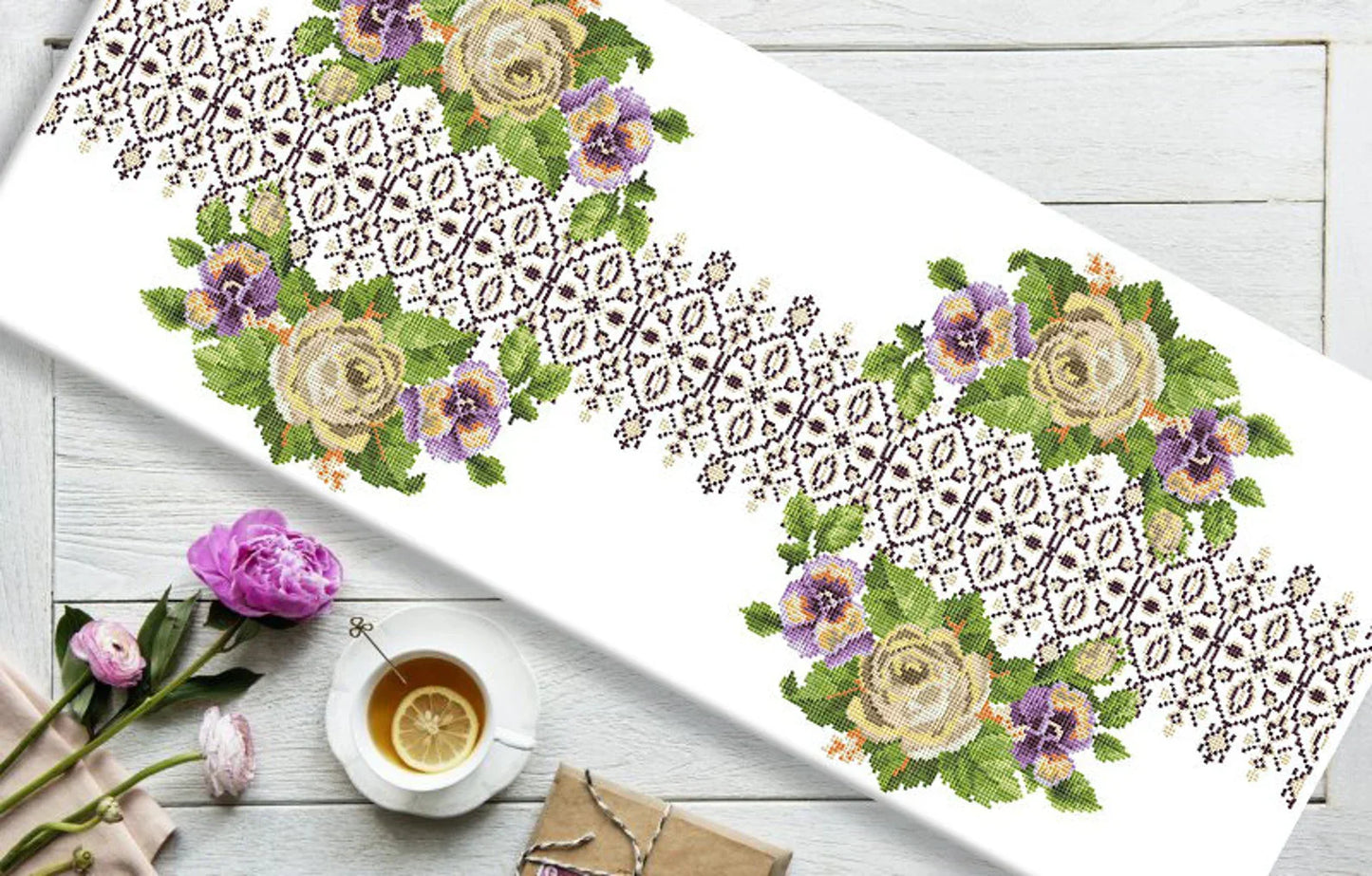 Tablecloth with roses Cross Stitch Pattern Kitchen Table Runner Cross Stitch Pattern Kitchen Decor Hand Embroidery Counted cross stitch