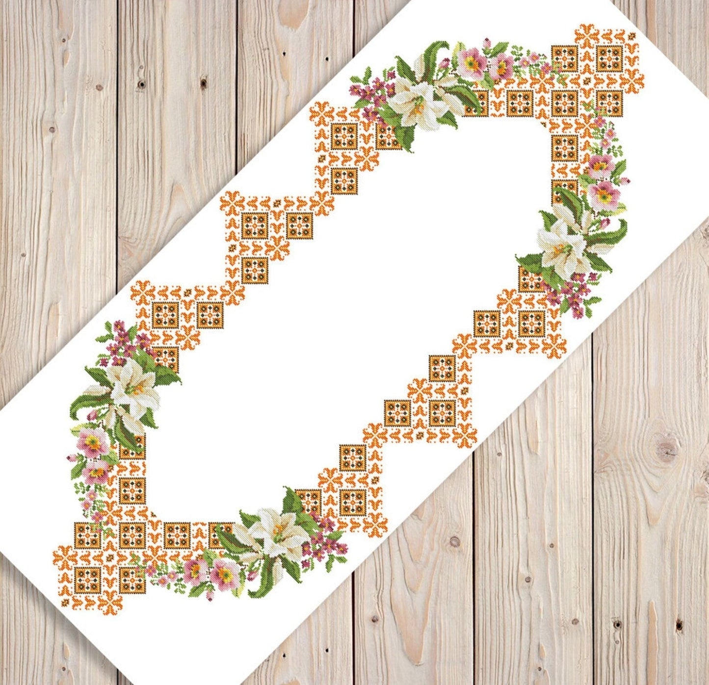 Tablecloth with lilies Cross Stitch Pattern Kitchen Table Runner Cross Stitch Pattern Kitchen Decor Hand Embroidery Ukrainian Geometric