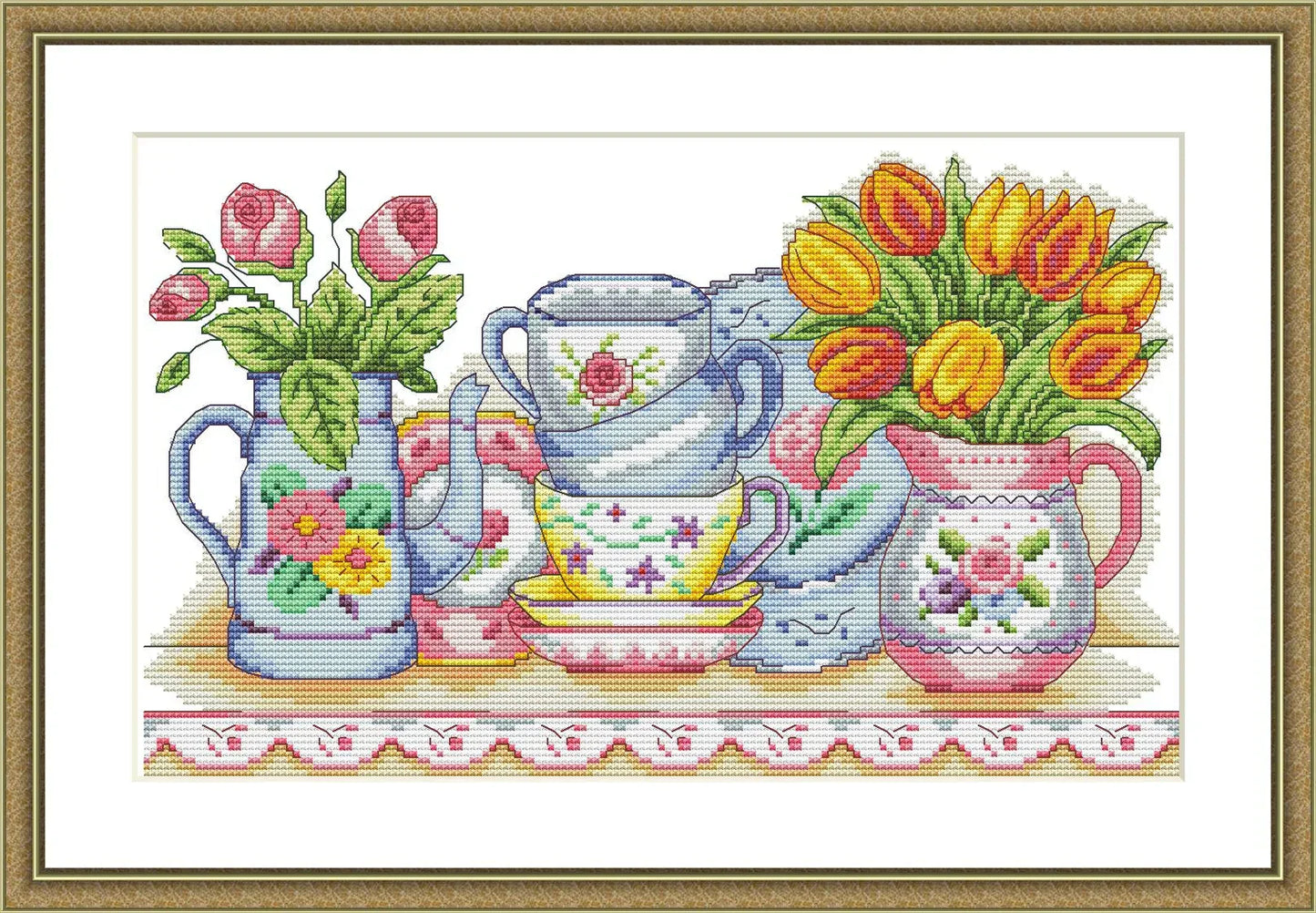 Tea service Cross Stitch Pattern Bouquet of spring flowers Kitchen Still Life Modern Decor Pattern Cups Napkins Embroidery Needlepoint chart