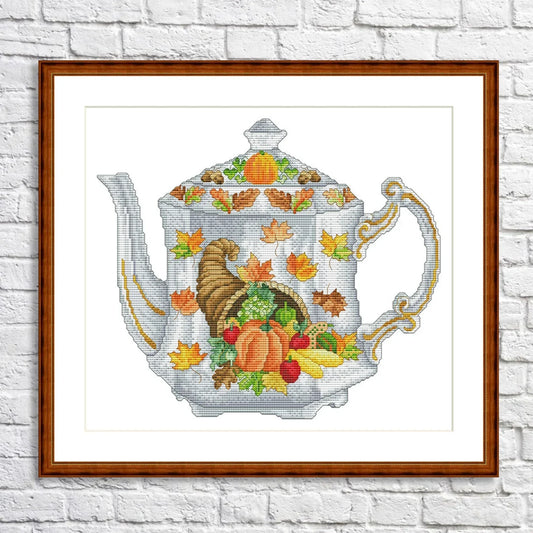 Autum Teapot Cross Stitch Pattern Cups Abstraction Kitchen Still Life Digital Modern Decor Pattern Embroidery Needlepoint Chart