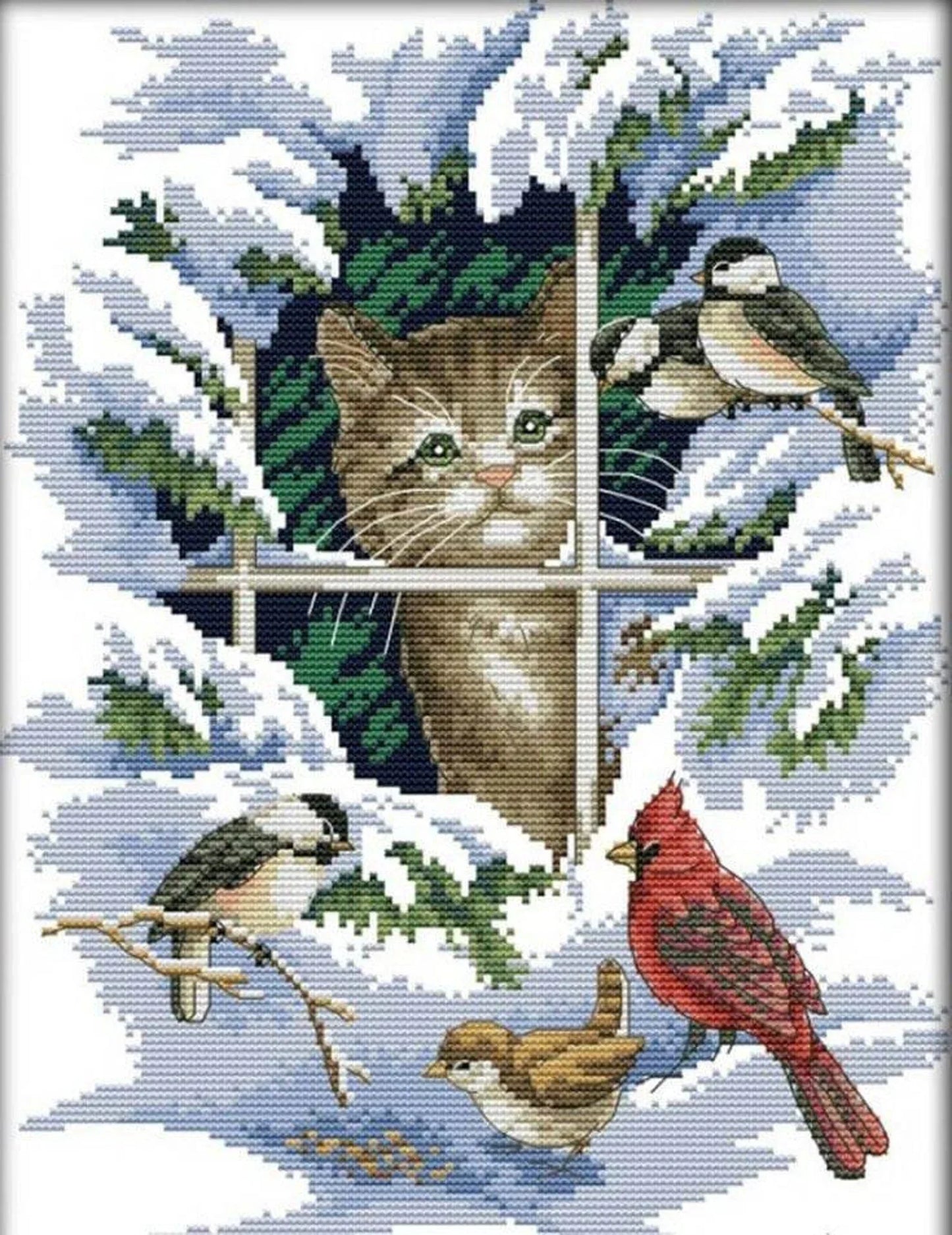 Winter landscape cross stitch pattern, cat in the snow cross stitch, cat with birds cross stitch pattern, birds in snow