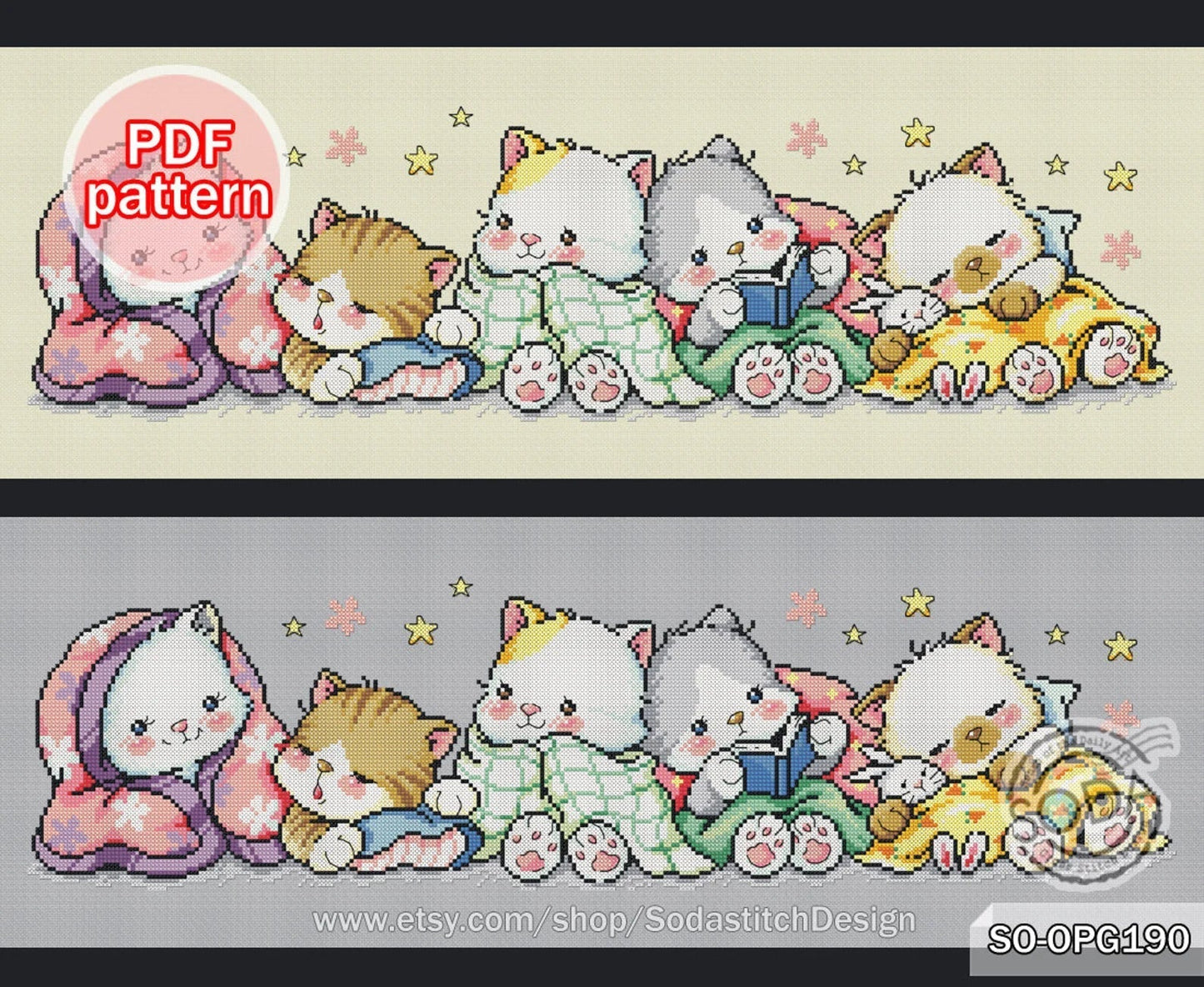 Cross Stitch Pattern pdf Cats Kitty Kitten Cute Animal Modern Instant pdf Download Counted,SO-OPG190 'Cats of the Night'
