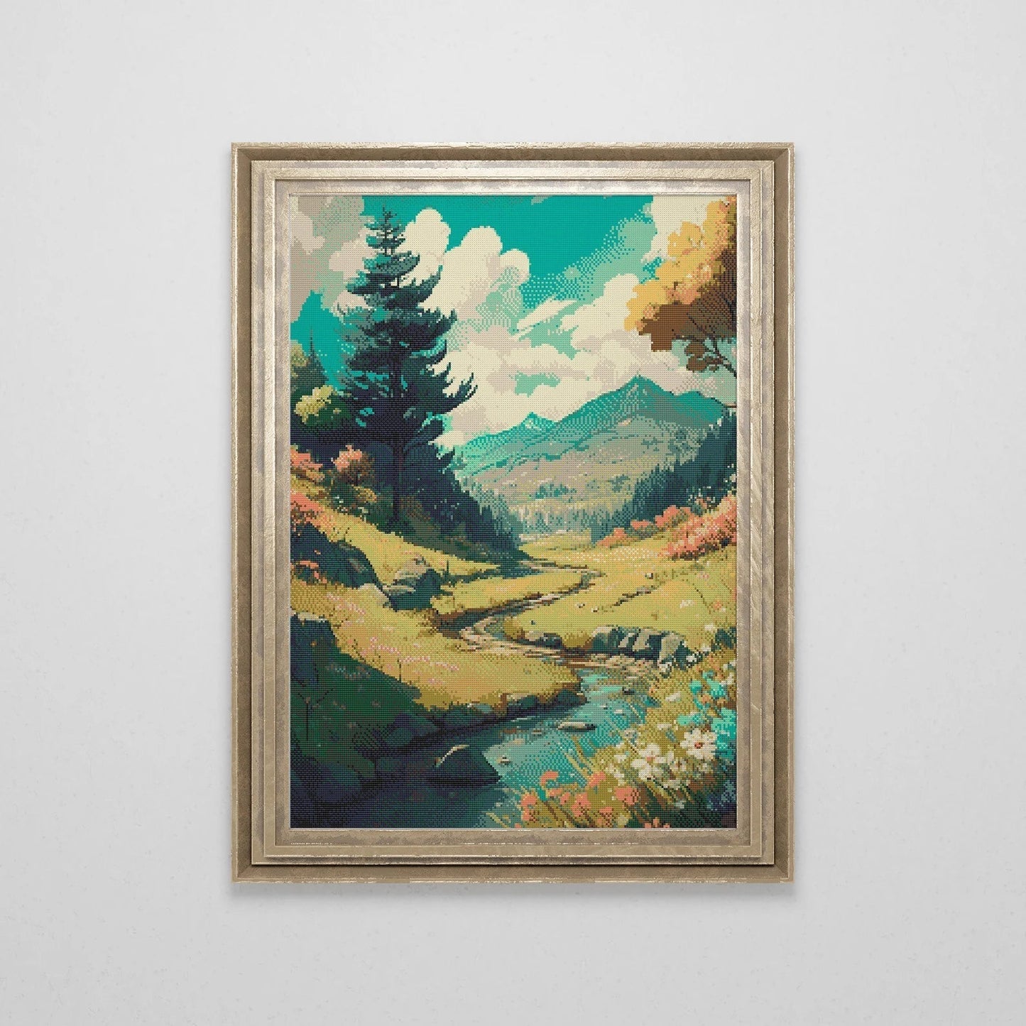 Mountain Meadow Cross Stitch Pattern | Anime Landscape Cross Stitch Chart Download | Nature Cross Stitch | Large Modern Cross Stitch