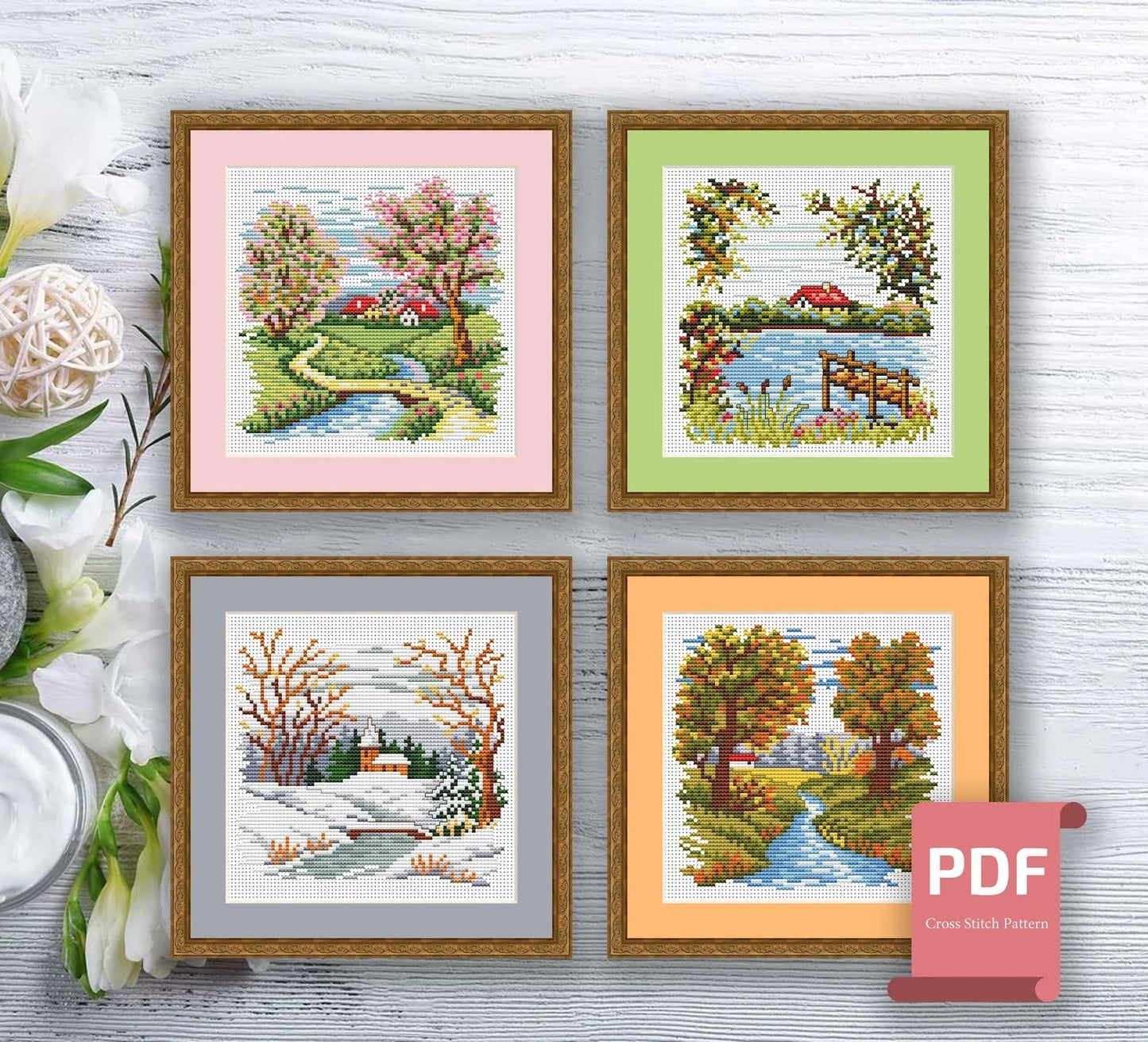 Set of 4 Seasons Landscape Cross Stitch Pattern | Seasons Cross Stitch Pattern | Four Seasons | Modern Cross Stitch | Download PDF #ssn050