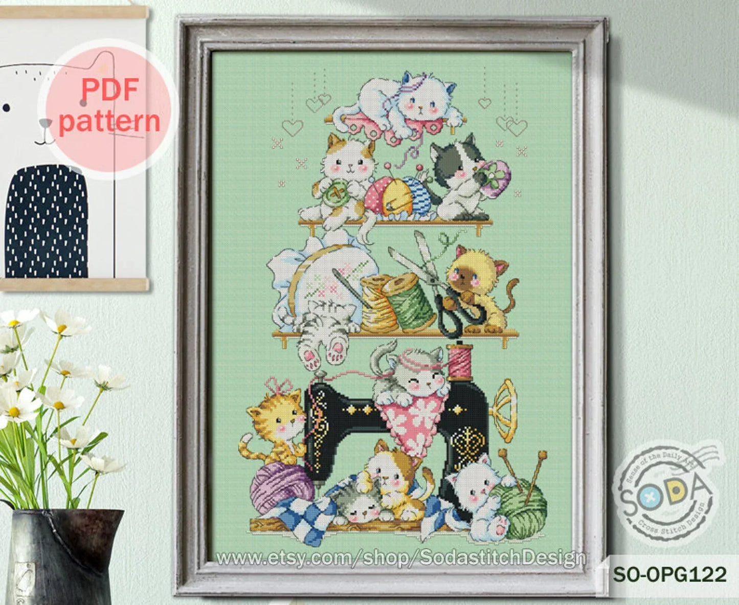 Cross Stitch Pattern pdf Kitten Cat Kitty Cute Animal Modern Instant pdf Download Counted,SO-OPG122 'Sewing Cats'