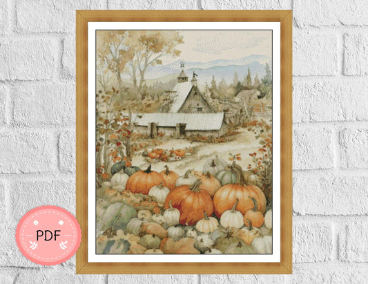 Cross Stitch Pattern ,Watercolor, Autumn Pumpkin Field,Vintage Design,Retro Inspiration,Instant Download