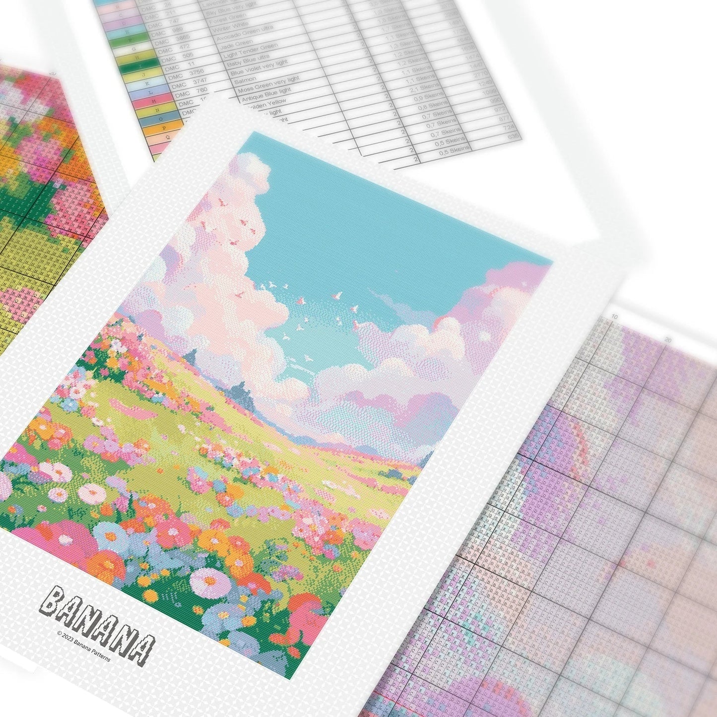 Flower Meadow Cross Stitch Pattern | Landscape Cross Stitch Chart Download | Nature Cross Stitch | Anime Cross Stitch PDF
