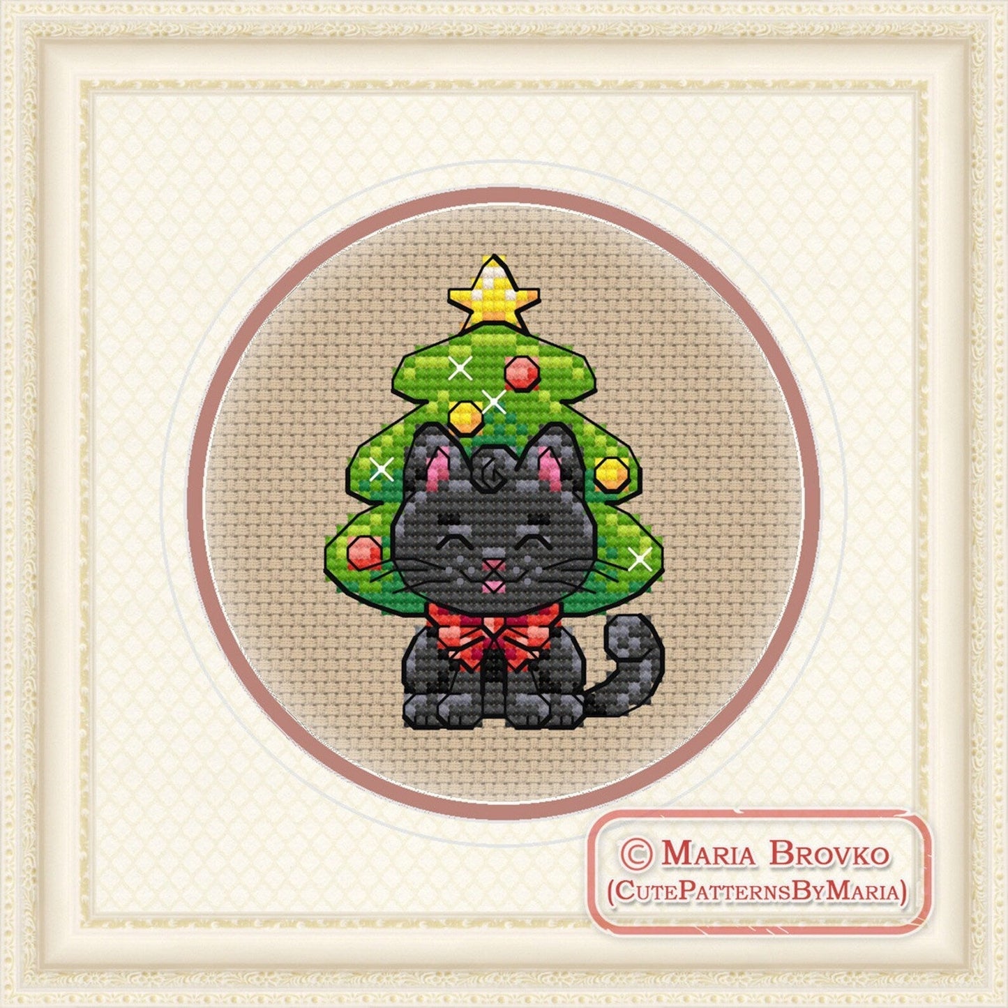 Cross Stitch Pattern Black Cat in a Christmas tree hat DMC Chart Printable PDF Instant Download