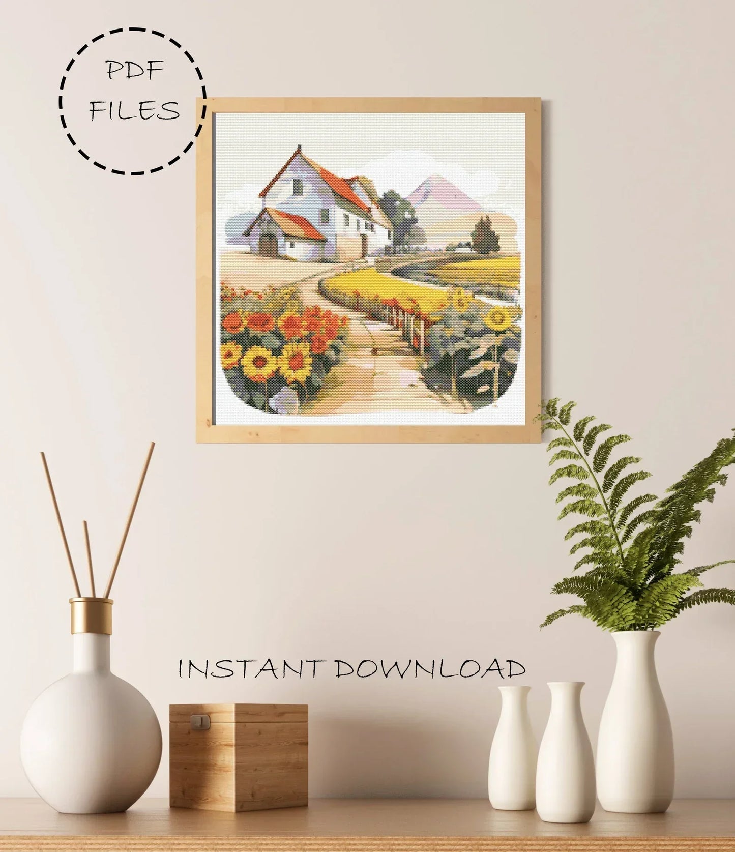 Landscape Cross Stitch Pattern | Landscape Cross Stitch | Sunflower Cross Stitch | Landscape Embroidery Pattern | Landscape Cross Stitch Kit
