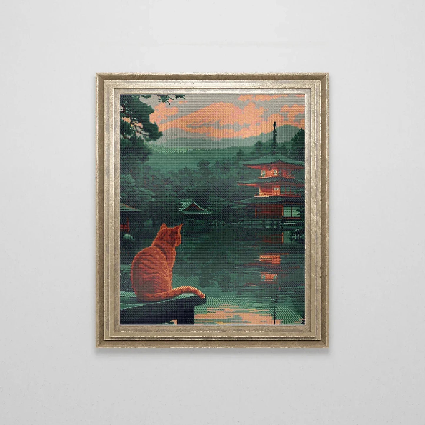 Cat sitting on Japanese Lake Cross Stitch Pattern | Landscape Cross Stitch Chart Download | Nature Cross Stitch | Cute Cross Stitch PDF